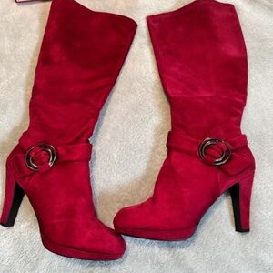 Impo Red Suede High Heel Knee Boots with Decorative Ring